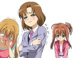  a1 ahoge blood brown_hair casual covering_mouth crossed_arms earrings face green_eyes jewelpet_(series) jewelpet_twinkle jewelry long_hair mother_and_daughter multiple_girls necktie nosebleed ponytail sakura_akari sakura_marie sakura_monica simple_background tears trembling upper_body 