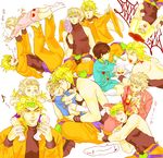  alternate_hairstyle angry bad_id bad_pixiv_id bare_shoulders belt blonde_hair blood braid brown_hair carrying child collage cosplay dio_brando dio_brando_(cosplay) earrings father_and_son food giorno_giovanna green_eyes green_nails haruno_shiobana headband heart jacket jewelry jmjmjm4444 jojo_no_kimyou_na_bouken lap_pillow male_focus mimikaki mirror multiple_boys nail_polish pinky_out pudding red_eyes shorts shoulder_carry sleeveless socks translated wristband wryyyyyyyyyyyyyyyyyyyy younger 