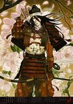  absurdres alternate_costume alternate_weapon archery armor arrow asa_no_ha_(pattern) black_hair bleach bow bow_(weapon) cherry_blossoms flower genjiguruma headband highres japanese_armor japanese_clothes katana kote kuchiki_byakuya kusazuri long_hair male_focus official_art quiver samurai scan shoulder_armor sode solo sword weapon 