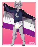 anthro asexual_pride_colors bear clean_diaper clothed clothing diaper flag fur grey_body grey_fur hair hi_res holding_flag holding_object hoodie lgbt_pride looking_at_viewer male mammal moon open_mouth pride_colors purple_eyes riddlr simple_background smile solo teeth topwear wearing_diaper white_diaper