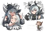  1boy 3girls arknights bison_(arknights) black_gloves black_hat black_shirt blush capelet chibi closed_eyes closed_mouth clothing_cutout cropped_torso forehead frown furrowed_brow gloves grey_hair grey_jacket half-closed_eyes hand_on_another&#039;s_chin hands_in_pockets hat headpat high_collar highres horns irene_(arknights) jacket licking licking_another&#039;s_face long_hair looking_at_viewer multiple_girls open_clothes open_jacket open_mouth orange_eyes pointing pointing_at_self pointing_with_thumb red_eyes request_inset scar scar_across_eye shirt short_bangs shoulder_cutout simple_background sleeveless sleeveless_shirt smirk specter_(arknights) specter_the_unchained_(arknights) tail tail_wagging thick_eyebrows tirarizun tongue tongue_out translation_request uneven_eyes weedy_(arknights) white_background white_capelet 