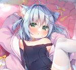  1girl animal_ear_fluff animal_ears arm_up bare_shoulders blue_hair blue_one-piece_swimsuit blush cat_ears cat_girl cat_tail collar commentary_request frilled_pillow frills green_eyes hair_between_eyes hanamiya_natsuka hand_up jacket long_sleeves one-piece_swimsuit open_clothes open_jacket original out-of-frame_censoring parted_lips pillow pinching_sleeves puffy_long_sleeves puffy_sleeves purple_collar purple_jacket sleeves_past_wrists solo strap_slip swimsuit swimsuit_under_clothes tail thighhighs two_side_up white_thighhighs 