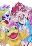  1girl agumon black_bra black_thighhighs blue_camisole blue_eyes bra breasts camisole claw_pose claws cleavage colored_skin cross-laced_clothes cross-laced_top digimon digimon_story:_cyber_sleuth fewer_digits gabumon garter_straps green_eyes highres horns jacket medium_breasts medium_hair mk_ilaccount open_mouth orange_skin pink_jacket red_eyes red_hair reptile sharp_teeth shiramine_nokia sideless_outfit simple_background single_horn spaghetti_strap teeth thighhighs twintails underwear upper_body white_background 