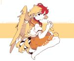  1girl 4qw5 ascot barefoot bird bird_tail blonde_hair chick dress feathered_wings full_body looking_at_viewer looking_back multicolored_hair niwatari_kutaka orange_dress puffy_short_sleeves puffy_sleeves red_ascot red_hair short_hair short_sleeves solo tail touhou two-tone_hair vest white_vest wings yellow_tail yellow_wings 