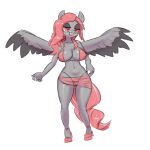1:1 anthro big_breasts bikini bikini_thong bottomwear breasts clothing curled_hair dancing equid equine fangs female fluorite footwear fur grey_body grey_fur hair hasbro high_heels horse loincloth mammal my_little_pony mythological_creature mythological_equine mythology navel open_mouth pegasus pony red_eyes red_hair shoes simple_background solo swimwear teeth translucent translucent_clothing white_background wings