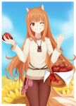  1girl ;d absurdres animal_ear_fluff animal_ears apple basket blue_sky blunt_bangs blurry blurry_background blush border bright_pupils brown_hair brown_pants commentary cowboy_shot day fangs felixkohai field fingernails floating_hair flower flower_field food fruit grin hands_up happy highres holding holding_basket holding_food holding_fruit holo jewelry long_hair long_sleeves looking_at_viewer necklace one_eye_closed outdoors pants red_apple red_eyes red_ribbon ribbon sharp_fingernails shirt sidelocks signature sky smile solo spice_and_wolf straight_hair sunflower sunflower_field tail very_long_hair w_arms white_border white_shirt wide_sleeves wolf_ears wolf_girl wolf_tail 