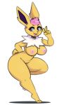 2024 absurd_res anthro anthrofied areola big_breasts breasts eeveelution eyebrows eyelashes feet female fur generation_1_pokemon genitals gesture hair hand_gesture hi_res i_am_kat95 jolteon looking_at_viewer nintendo nipples nude open_mouth open_smile pink_hair pokemon pokemon_(species) pokemorph purple_eyes pussy simple_background smile solo thick_thighs v_sign white_background yellow_body yellow_fur
