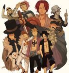  beard bird black_hair blonde_hair brown_hair closed_eyes coby earrings eyewear_on_head facial_hair freckles fur_trim glasses ha_(pixiv57253) hat hattori_(one_piece) headband helmeppo highres jewelry kaku_(one_piece) long_hair long_nose male_focus marco multiple_boys necklace necktie one_piece open_clothes open_mouth open_shirt pigeon portgas_d_ace red_hair rob_lucci salute scar scar_across_eye scarf shanks shirt smile straw_hat sunglasses sword tattoo thatch top_hat trafalgar_law uniform weapon whitebeard_pirates 