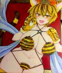  1girl alternate_costume animal_ears animal_hands animal_print bikini black_hair blonde_hair blush breasts clenched_hands collarbone commentary_request dutch_angle fang fur-trimmed_bikini fur-trimmed_gloves fur_trim gloves hair_ornament highres kemonomimi_mode large_breasts looking_at_viewer multicolored_hair navel open_mouth paw_gloves shawl short_hair solo streaked_hair swimsuit tail thick_thighs thighs tiger_ears tiger_paws tiger_print tiger_tail toramaru_shou touhou traditional_media two-tone_hair washiwa yellow_eyes 