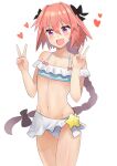  1boy absurdres astolfo_(fate) astolfo_(sparkling_frills)_(fate) bikini black_bow blue_bikini blush bow bow_bikini braid bulge collarbone cowboy_shot double_v eyelashes fang fate/apocrypha fate_(series) frilled_bikini frills hair_between_eyes hair_bow hair_intakes hands_up heart highres long_braid long_hair looking_at_viewer male_focus navel official_alternate_costume open_mouth otoko_no_ko pink_hair purple_eyes recovery simple_background single_braid skin_fang smile solo star_(symbol) swimsuit thigh_gap v very_long_hair white_background 