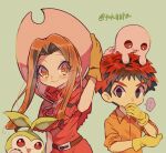  1boy 1girl 2others belt blush brown_belt capelet commentary_request cowboy_shot digimon digimon_(creature) dress gloves green_background hand_on_headwear hat izumi_koshiro long_hair looking_at_viewer mochimon multiple_others on_head orange_shirt pink_hat red_capelet red_dress shirt short_hair sidelocks simple_background smile tachikawa_mimi tanemon tokuura twitter_username yellow_gloves 