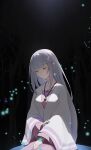  1girl closed_eyes dress elf emilia_(re:zero) forest gem green_gemstone grey_hair hair_ornament hand_on_own_arm highres jewelry lights long_hair nature necklace night night_sky outdoors pink_dress pointy_ears re:zero_kara_hajimeru_isekai_seikatsu sitting sky solo white_hair x_hair_ornament y666999 