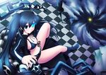  bikini_top black_rock_shooter black_rock_shooter_(character) blue_eyes boots chain checkered eyepatch glowing glowing_eyes highres long_hair looking_back massan sitting skull solo star sword twintails weapon 