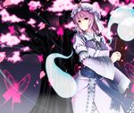  bug butterfly cherry_blossoms fan folding_fan gayprince ghost glowing hat highres hitodama insect looking_at_viewer night night_sky pink_hair red_eyes saigyouji_yuyuko short_hair sky smile solo touhou tree 