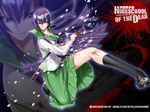  blood blue_eyes breasts busujima_saeko cleavage highres highschool_of_the_dead katana large_breasts legs long_hair purple_hair satou_shouji scan school_uniform sheath skirt solo sword unsheathing wallpaper weapon zoom_layer 