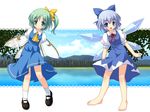  aqua_eyes barefoot blue_eyes blue_hair cirno daiyousei dress feet green_hair hair_ribbon lake landscape mary_janes multiple_girls ribbon shoes side_ponytail touhou wings yamasan 