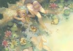  anklet bad_id bad_pixiv_id bare_legs bare_shoulders barefoot bird blonde_hair bug casual_one-piece_swimsuit cup dragonfly duck feet flower food from_above head_scarf highres insect jewelry lily_pad long_hair looking_back lotus multiple_girls nature one-piece_swimsuit open_mouth original partially_submerged purple_eyes sandwich sitting smile soaking_feet soles swimsuit tairano_juuichi teacup toes tree_shade water 
