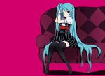  adjusting_hair aqua_eyes aqua_hair casual couch dress hatsune_miku legs long_hair pipetto short_dress side_ponytail simple_background sitting solo thighhighs very_long_hair vocaloid world_is_mine_(vocaloid) zettai_ryouiki 
