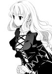  cape cross-laced_clothes dress greyscale hijiri_byakuren long_hair looking_afar monochrome simple_background solo touhou very_long_hair wavy_hair white_background yamane_masato 