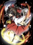  bow brown_hair detached_sleeves hakurei_reimu magic_circle red_eyes rumia_(compacthuman) short_hair solo touhou 