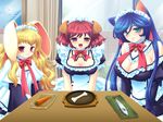  3girls animal_ears blush breasts cleavage cute food maid multiple_girls peropero_sasete sitting smile table 