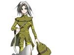  1girl axe chains demon&#039;s_souls demon's_souls executioner_miralda female from_software green_eyes grey_hair hood seris_(sanwind) short_hair simple_background solo souls_(from_software) weapon 