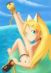  afloat animal_ears aqua_eyes bad_id bad_pixiv_id barefoot bikini blonde_hair cat_ears cloud day feet from_behind futaba_no_taiko hands innertube leg_garter legs long_hair looking_back original partially_submerged shoes single_shoe sky solo swimsuit tiger twintails water 