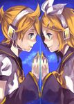  1girl aqua_eyes bad_id bad_pixiv_id blonde_hair brother_and_sister hair_ornament hair_ribbon hairclip headphones headset kagamine_len kagamine_rin ribbon short_hair siblings smile symmetrical_hand_pose twins vocaloid yama_(sumikarasu) 