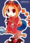  bachera blush brown_eyes drill goggles goggles_on_head gurumin orange_hair parin skirt solo zipper 