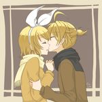  blonde_hair brother_and_sister couple eyes_closed grab grabbing hair_ribbon incest kagamine_len kagamine_rin kiss ribbon scarf short_hair siblings twincest twins vocaloid 