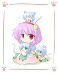  :3 animal_ears cat_ears cat_tail chibi chibi_on_head green_eyes hairband hug hug_from_behind kemonomimi_mode komeiji_koishi komeiji_satori minigirl miyo_(miyomiyo01) multiple_girls multiple_persona on_head red_eyes siblings sisters tail touhou yawning 