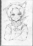  chen forehead greyscale grin hair_ornament hairclip monochrome sketch smile solo touhou traditional_media vent_arbre 