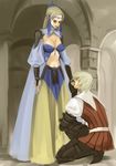  armor blonde_hair breasts bridal_gauntlets cleavage couple dress eyes_closed final_fantasy final_fantasy_iii ingus kareji kneeling long_hair looking_down looking_up midriff sara_altney standing tiara 