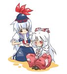  bandages chibi face fujiwara_no_mokou kamishirasawa_keine mouth_hold multiple_girls torn_clothes touhou viva!! 