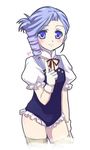  blue_leotard blush boots bow curly_hair drill_hair gloves heart kiddy_grade kiryuu_aoko leotard lumiere pointing purple_eyes purple_hair short_hair sidelocks smile solo thighhighs white_background white_gloves 