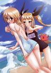  2girls ass ass_visible_through_thighs assisted_exposure back bangs black_ribbon black_swimsuit blazblue blazblue:_calamity_trigger blonde_hair blunt_bangs blush breasts character_name cloud day demon dropping dutch_angle embarrassed eyebrows_visible_through_hair feet_out_of_frame flat_chest floating from_behind gii green_eyes hair_between_eyes hair_ribbon hexagon highres hips kneepits legs_apart lens_flare long_hair looking_at_another looking_at_viewer looking_back multiple_girls name_tag no_pupils noel_vermillion o_o ocean official_art old_school_swimsuit one-piece_swimsuit outdoors parted_bangs parted_lips pulled_by_another pulled_by_self rachel_alucard raised_eyebrows red_eyes ribbon scan school_swimsuit shiny shiny_hair sideboob sidelocks sideways_glance sky small_breasts standing straight_hair strap_pull surprised sweatdrop swimsuit swimsuit_pull towel twintails undressing water wet white_swimsuit white_towel yuri 