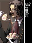  black_hair cup facial_hair gloves kayu male_focus monocle mustache pouring ronove smile solo tea teacup teapot umineko_no_naku_koro_ni 