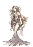  1girl armband bare_shoulders blonde_hair blue_eyes bracelet breasts cosmos_(dff) dissidia_final_fantasy dress earrings female final_fantasy full_body jewelry kannkunn long_hair solo tiara very_long_hair white_background 