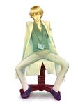  bad_id bad_pixiv_id blonde_hair chair closed_eyes ikegami jinnouchi_wabisuke labcoat long_sleeves male_focus name_tag necktie pants simple_background solo spread_legs summer_wars white_background 