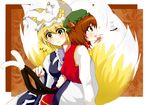  animal_ears blonde_hair brown_eyes brown_hair bug cat_ears cat_tail chen dragonfly earrings fox_tail hat insect izumioo jewelry multiple_girls multiple_tails short_hair tail touhou yakumo_ran yellow_eyes 