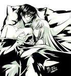  1girl afterglow armpits bed c.c. closed_eyes code_geass couple creayus hetero holding_hands lelouch_lamperouge long_hair lying monochrome on_back on_side pillow sleeping yellow 