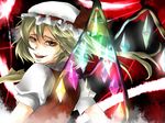  blonde_hair bow empty_eyes flandre_scarlet glowing hair_bow hat hat_ribbon jukka looking_back necktie open_mouth red_eyes ribbon short_hair short_sleeves side_ponytail smile solo touhou wings 