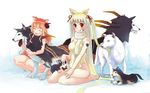  animal animal_ears bad_id bad_pixiv_id barefoot blonde_hair chanchan closed_eyes dog fang fangs flower grin hair_flower hair_ornament hair_ribbon long_hair multiple_girls orange_hair pack_of_dogs rappelz red_eyes ribbon scarf sitting smile squatting tattoo twintails very_long_hair wallpaper wariza wolf 