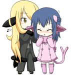  :&lt; :3 animal_ears biting blonde_hair blue_hair blush boots cat_ears chibi coat cosplay costume ear_biting espeon espeon_(cosplay) forked_tail gen_2_pokemon hikari_(pokemon) jazu long_hair lowres multiple_girls musical_note pink_footwear pokemon pokemon_(game) pokemon_dppt pokemon_platinum shirona_(pokemon) tail trembling umbreon umbreon_(cosplay) very_long_hair winter_clothes yuri 