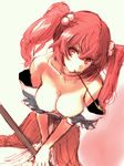  bare_shoulders breasts cleavage from_above hair_bobbles hair_ornament head_tilt kiseru kuronuko_neero large_breasts looking_up mouth_hold off_shoulder onozuka_komachi pipe red_eyes red_hair sketch solo touhou two_side_up v_arms 