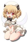  :&lt; :o bare_legs barefoot blonde_hair blush bow bowtie dress_flip drill_hair embarrassed fairy_wings full_body hat luna_child mamo_williams panties red_eyes short_hair simple_background solo squatting touhou underwear wings 