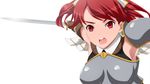  armpits bare_shoulders cecily_cambell highres kuriyama_kuriotoko open_mouth red_eyes red_hair seiken_no_blacksmith solo sword wallpaper weapon 