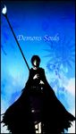  1girl anklet astronotus black_hair cape demon&#039;s_souls demon's_souls dress female fire from_software jewelry maiden_in_black necklace short_hair solo souls_(from_software) staff 