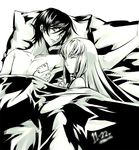  1girl afterglow armpits bed c.c. closed_eyes code_geass couple creayus dated hetero holding_hands lelouch_lamperouge long_hair lying monochrome on_back on_side pillow sleeping yellow 