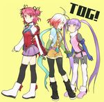  back_bow bad_id bad_pixiv_id black_legwear blue_shirt boots bow cheria_barnes copyright_name knee_boots leggings maruishi multicolored_hair multiple_girls o-ring pascal purple_hair purple_skirt red_hair scarf shirt skirt sophie_(tales) tales_of_(series) tales_of_graces thighhighs twintails two-tone_hair two_side_up white_hair yellow_background 
